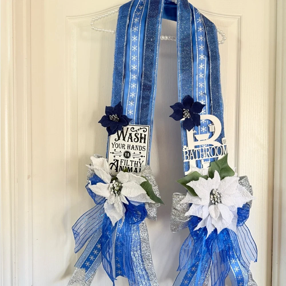 Blue and Silver Bathroom Door Decor with Poinsettias Scapular Holiday